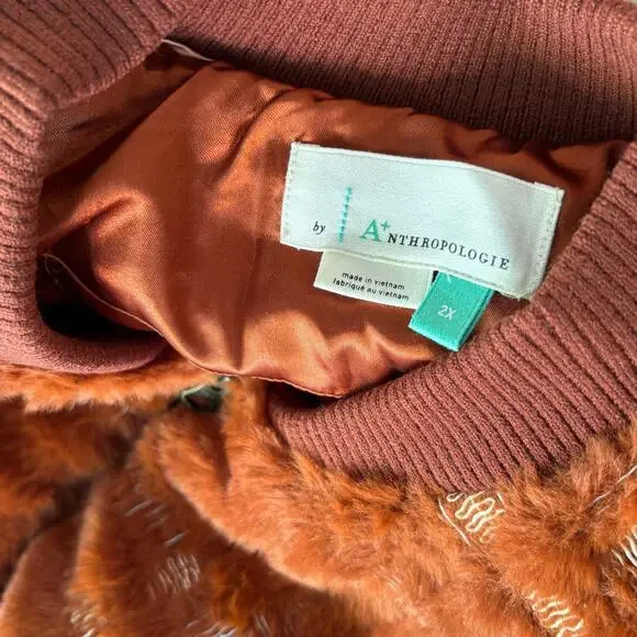 Anthropologie Faux Fur Teddy Bomber Jacket 2X NWOT Rust Plaid Coat Western